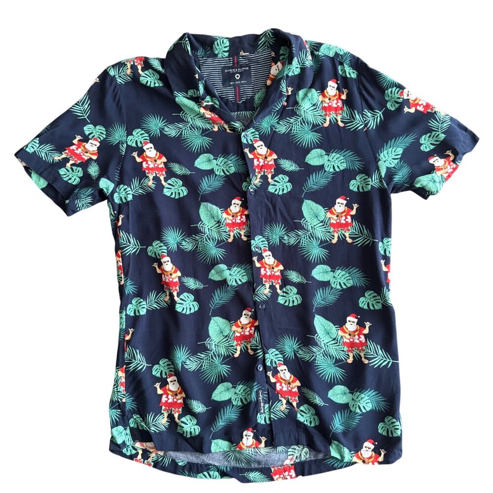 Denim & Flower Ricky Singh Mens Hawaiian Navy Short Sleeve Button Shirt Santa Pr